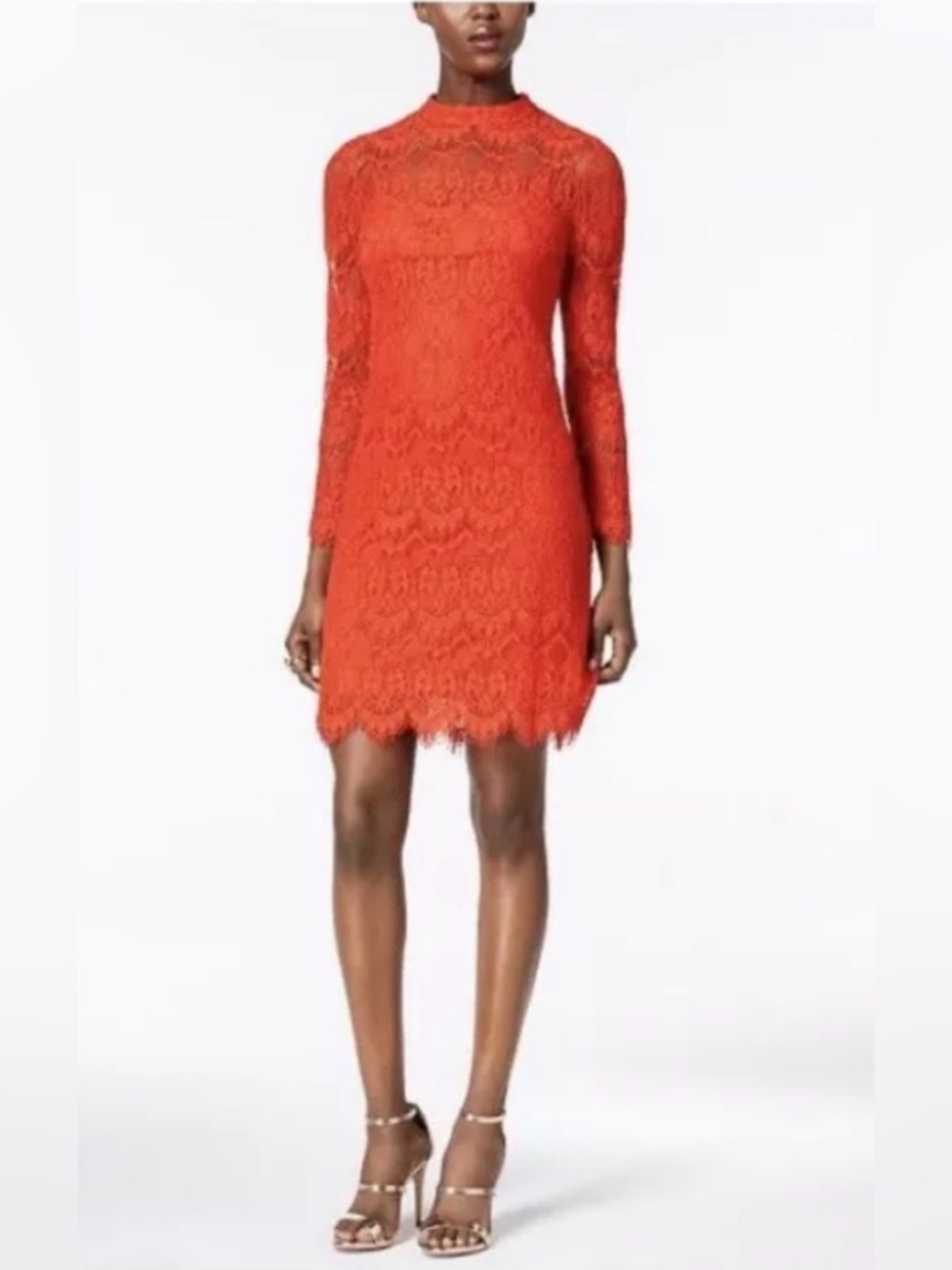 High-Neck Lace Shift Dress in Vibrant Red (8)